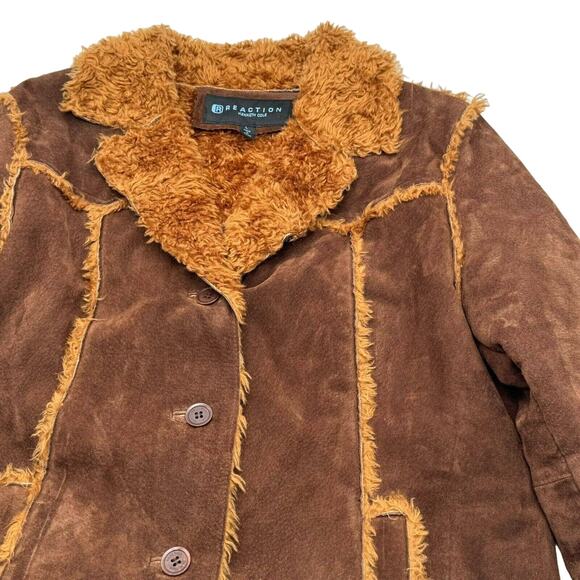 KENNETH COLE REACTION Women's Large Leather Jacket Coat Teddy Fur Lining Buttons - Picture 3 of 9